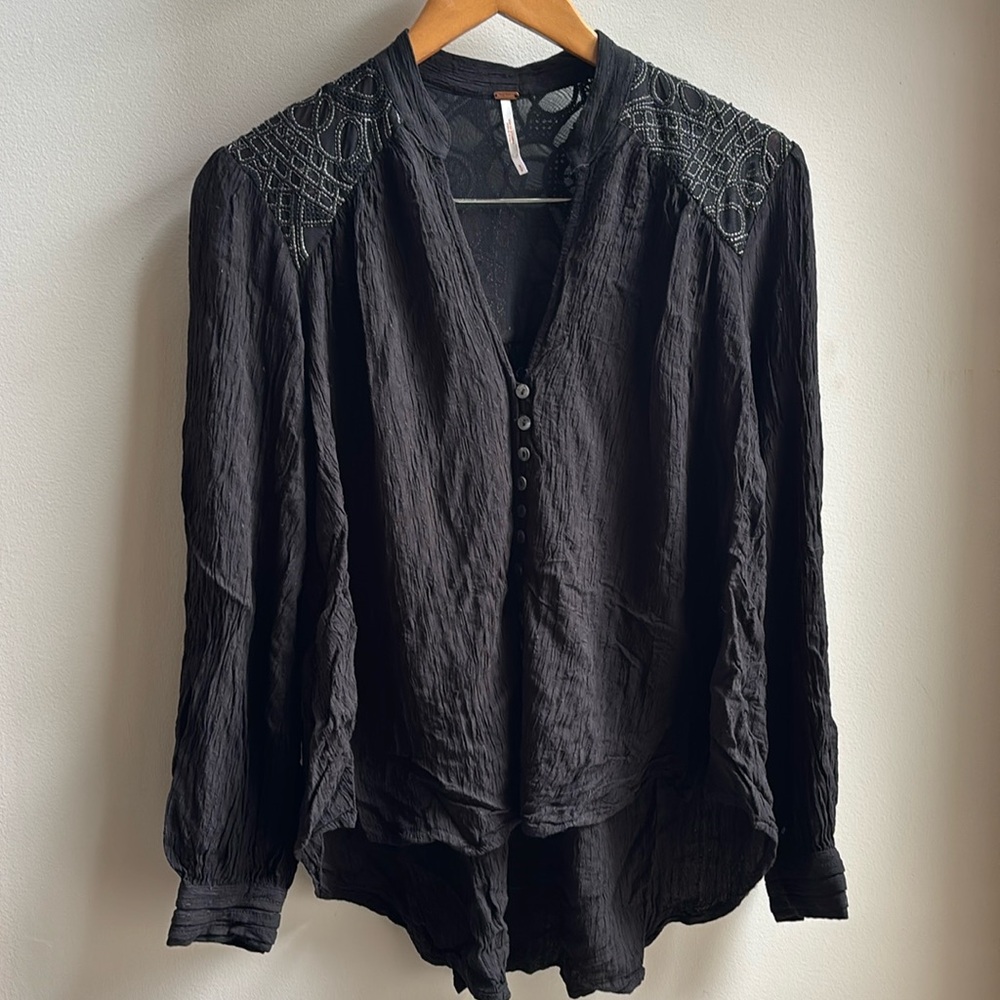 Free People Black Embroidered Blouse